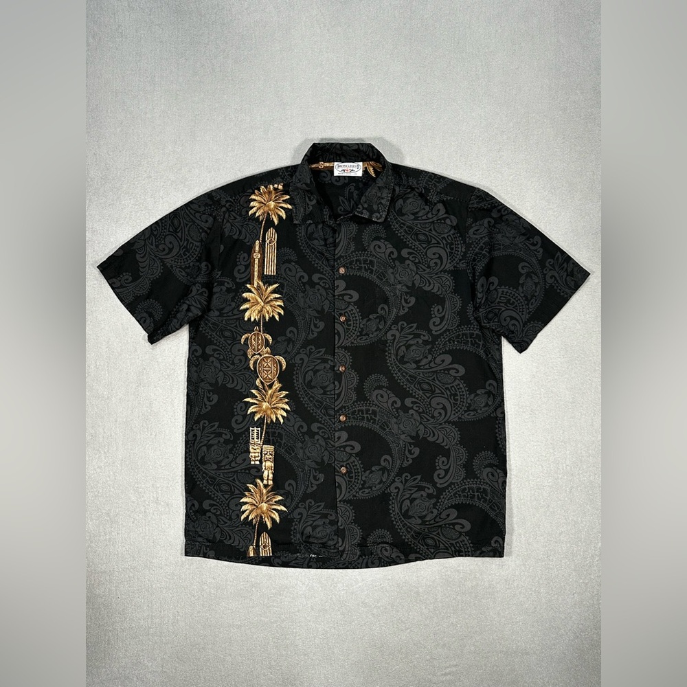 Pacific Legend Hawaiian Shirt Mens L Black Paisley Palm Aloha USA Made